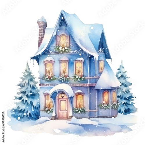 Watercolor cute Christmas house isolated