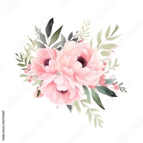 Watercolors pink flower bouquets leaf branches isolated