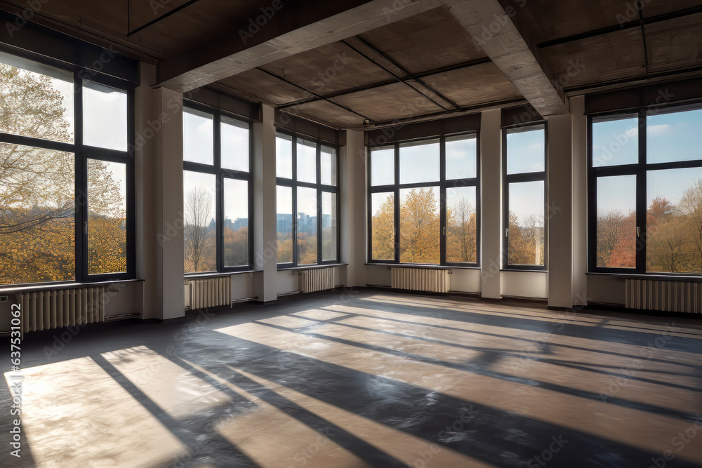 Gray office with large windows and good views. Generative AI
