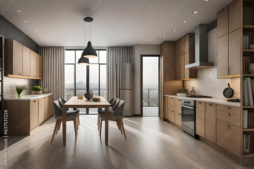 Fototapeta premium Luxury modern and vintage turquoise interior. Marble kitchen island with wooden chockers.