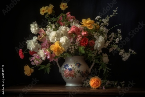 A bouquet of beautiful flowers in a vase on a wooden table opposite a plain wall. Interior design, decoration concept