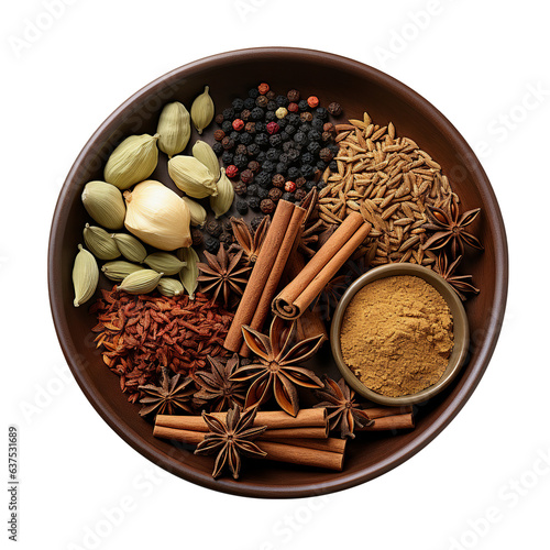 Fototapeta Naklejka Na Ścianę i Meble -  Variety spices in a bowl, top view, isolated on white or transparent background.