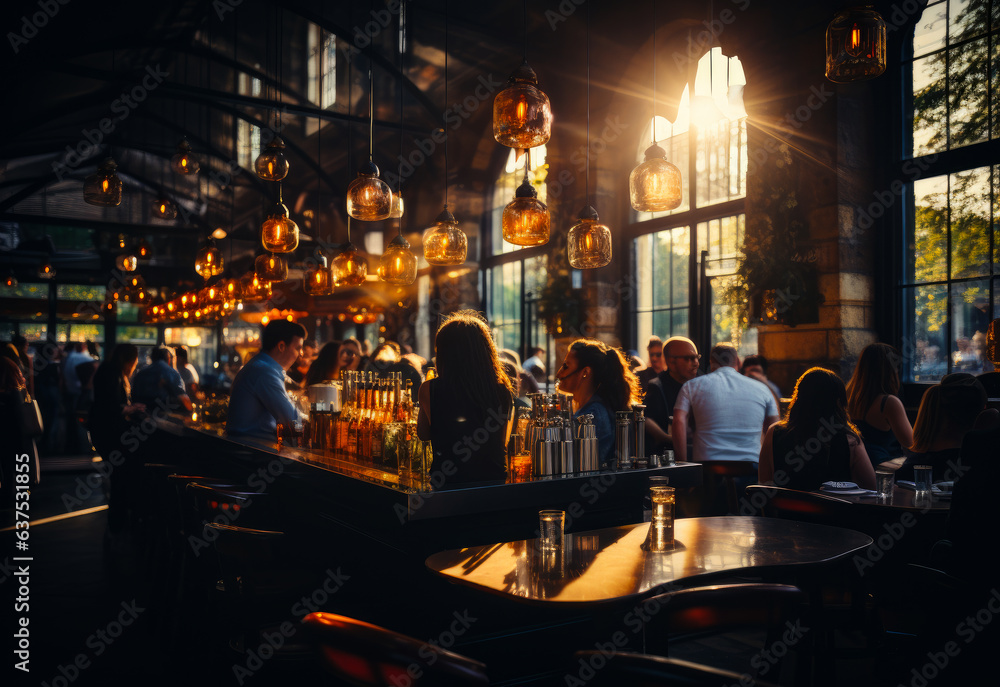 Obraz premium A lively group of friends enjoying drinks and conversation at a vibrant bar