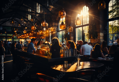 A lively group of friends enjoying drinks and conversation at a vibrant bar