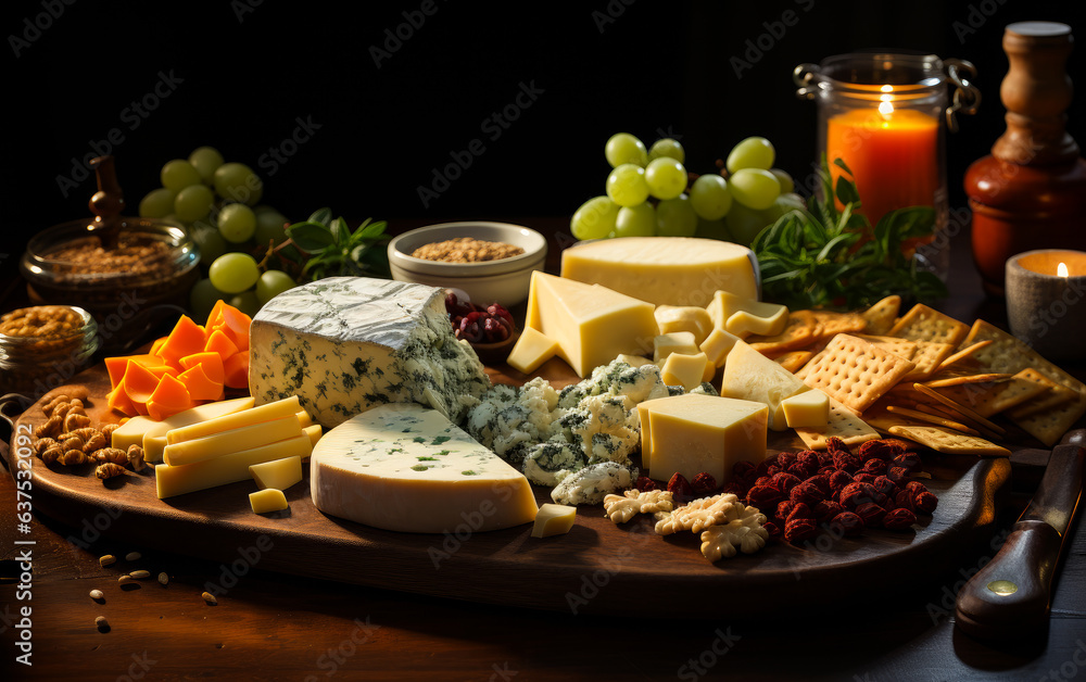 A delicious platter of assorted cheese, crackers, grapes, and nuts. An assortment of cheese, grapes, and crackers on a wooden board A delicious platter of assorted cheese, crackers, grapes, and nuts. An assortment of cheese, grapes, and crackers on a wooden board