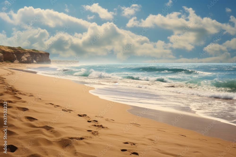 Sandy beach, turquoise ocean and waves, summer landscape Sandy beach, turquoise ocean and waves, summer landscape