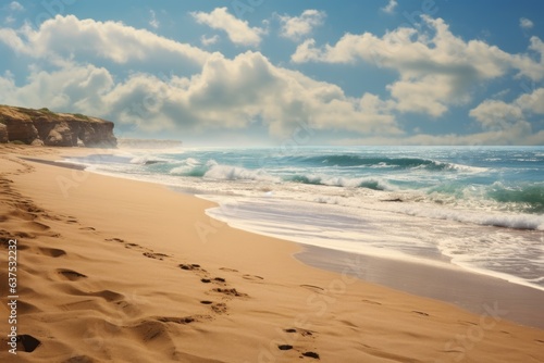 Sandy beach, turquoise ocean and waves, summer landscape