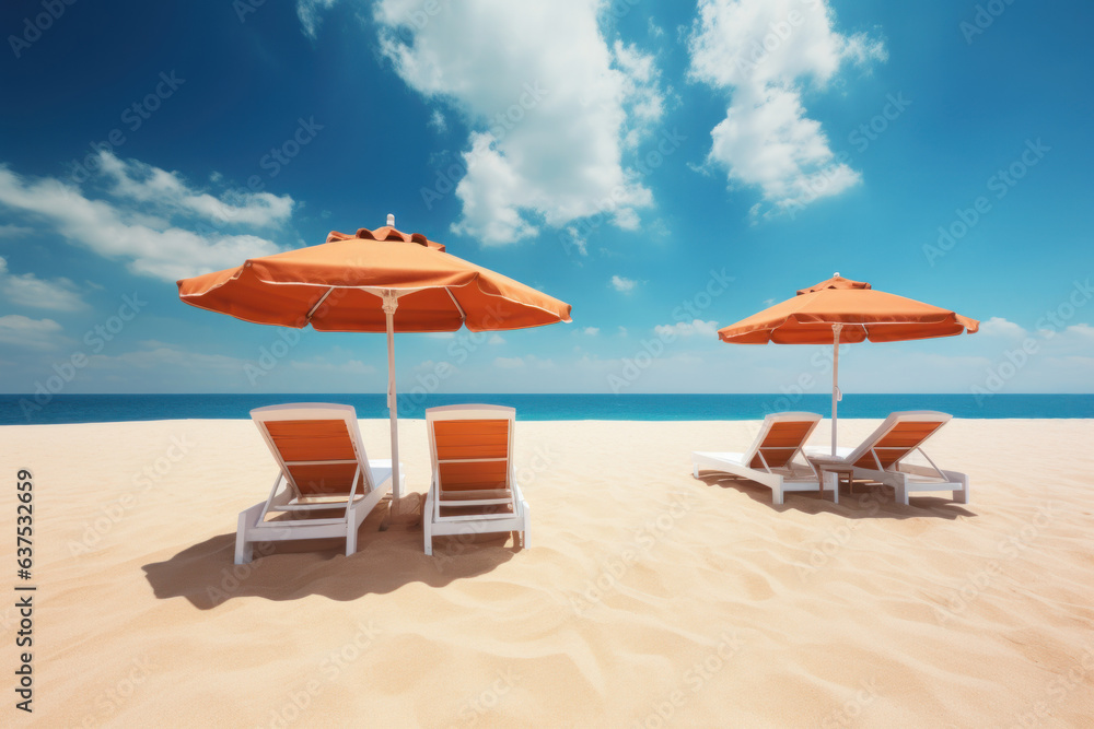 Beach with lounge chairs and umbrellas, seashore