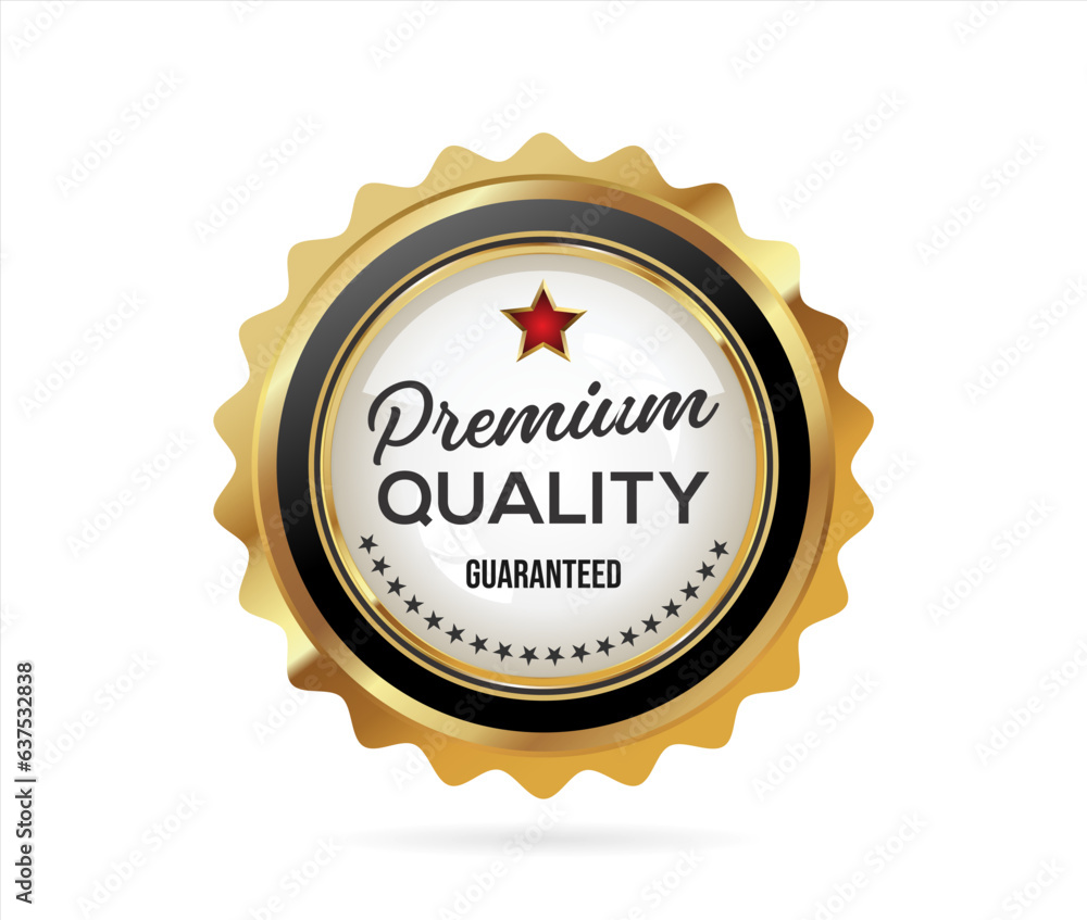 Premium quality badge with gold ribbon on white background Premium quality badge with gold ribbon on white background