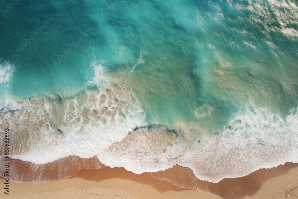 Aerial view of sandy beach and waves. Turquoise water, summer landscape Aerial view of sandy beach and waves. Turquoise water, summer landscape