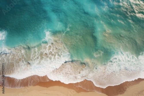 Aerial view of sandy beach and waves. Turquoise water, summer landscape