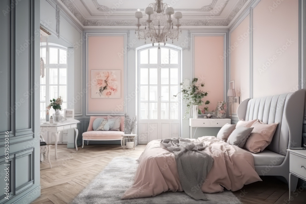 Luxury bedroom in pink with Victorian furniture. generative AI