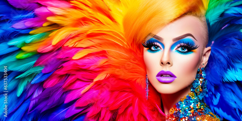 Drag queen person wearing heavy extravagant makeup and rainbow dress. Proud expression. Wide banner with copy space on side. Generative AI photo