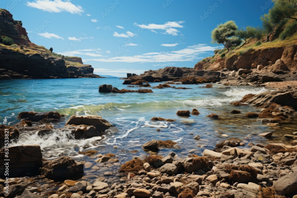 Coast rocks beach and waves, summer landscape