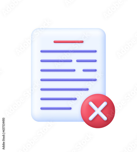 3D Document icon with cross mark. Incorrectly concept. Symbol for rejected. © Violet Sun