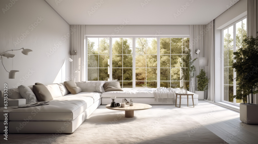 Living room with minimalist white furniture in white with large windows. Generative AI Living room with minimalist white furniture in white with large windows. Generative AI
