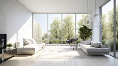Living room with minimalist white furniture with large windows. Generative AI © CervusRobur