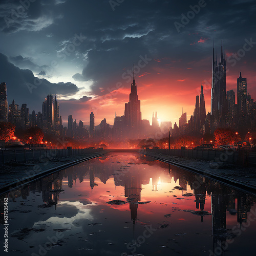Morning cityscape with fantasy skyscrapers