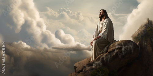 Jesus Christ son of god on a rock in robes overlooking his kingdom with heavenly clouds and light © Nick