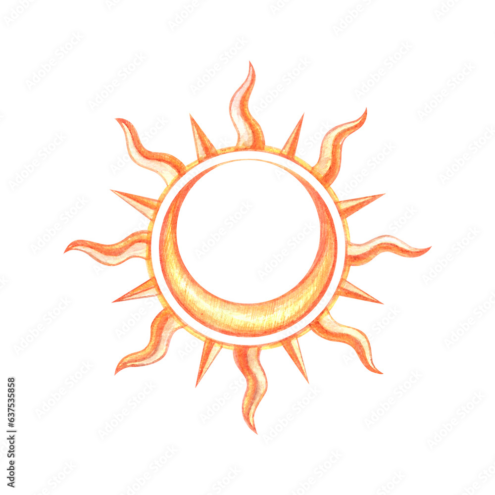 Watercolor magic sun with crescent inside isolated on white background. Celestial hand drawn clip art for astrological and esoteric blogs, tattoo, tarot cards, prints, label, tags, sticker pack. Watercolor magic sun with crescent inside isolated on white background. Celestial hand drawn clip art for astrological and esoteric blogs, tattoo, tarot cards, prints, label, tags, sticker pack.