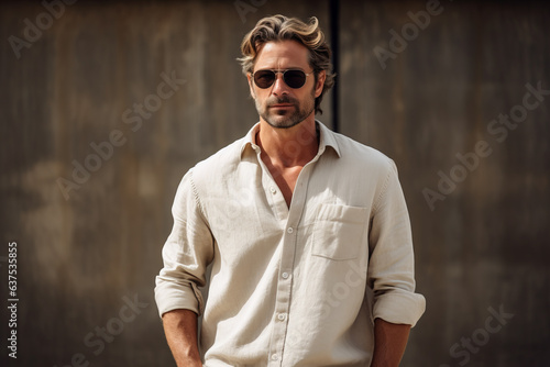 Handsome 40 years old man in linen shirt on earthy tones background