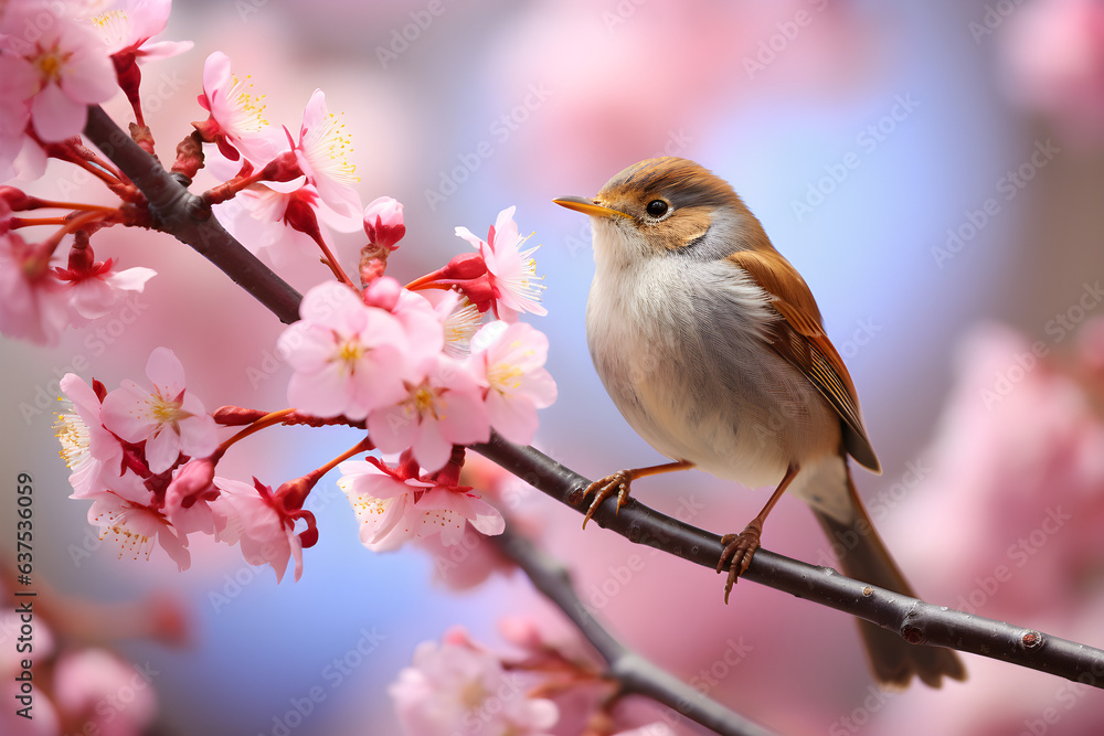 A delicate small bird rests on a blooming cherry blossom branch, symbolizing the arrival of spring, renewal, and the beauty of nature. Ideal for themes of seasonal changes, wildlife, and serenity. A delicate small bird rests on a blooming cherry blossom branch, symbolizing the arrival of spring, renewal, and the beauty of nature. Ideal for themes of seasonal changes, wildlife, and serenity.