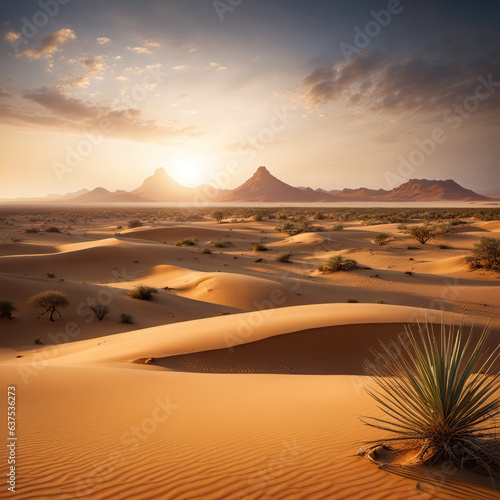 Epic Sunrise Over Desert Peaks  Gentle Sands Shift and Glow in the Morning Light