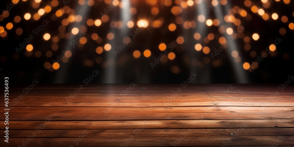 Empty wooden floor in front of blurred bokeh lights background

