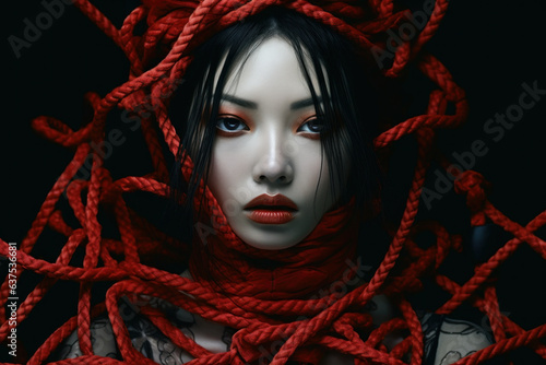 Asian woman entwined in a red shibari rope