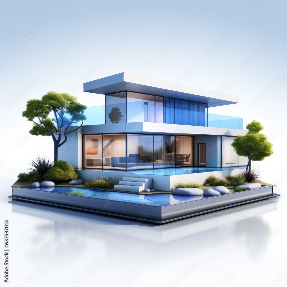 3D model a blue modern house with trees, isometric illustration, render ...