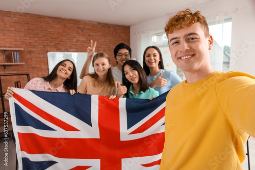 Young students with UK flag...