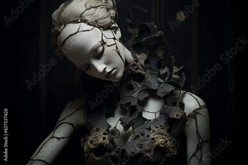 Broken cracked adult doll mannequin in style of dark baroque gothic