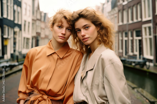female friends/models/lgbtq + couple in magazine editorial fashion/beauty photo shoot embracing/kissing in amsterdam/netherlands setting film photography look - generative ai art