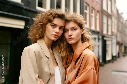 female friends/models/lgbtq + couple in magazine editorial fashion/beauty photo shoot embracing/kissing in amsterdam/netherlands setting film photography look - generative ai art