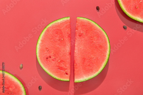 Composition with pieces of fresh ripe watermelon on red background  closeup