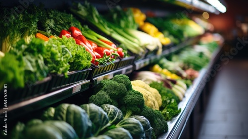 Woman shopping for groceries fruits and vegetables in a grocery supermarket store. Generative AI