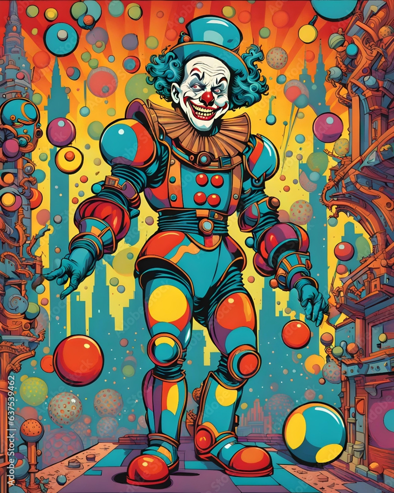 Fototapeta premium comic book illustration of a vintage clown , abstract art , generative ai