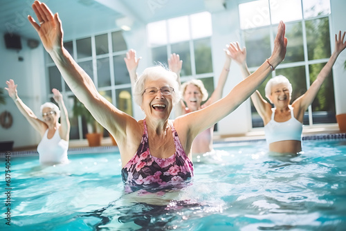 Elderly happy women do aqua aerobics in the indoor pool. Women look at the instructor and repeat the exercises photo