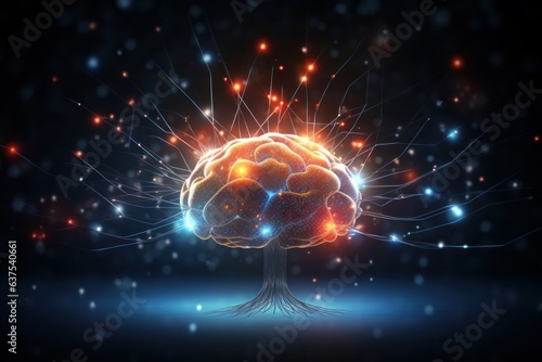 Model of human brain in vibrant colors on dark background. Active parts of brain is shining. Artificial intelligence, technology, neural networks, futuristic concept