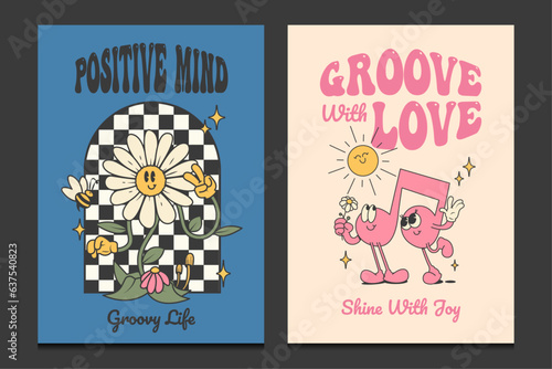 groovy 70s poster with positive quotes, retro wall art design, vector illustration