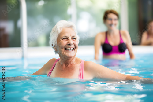 Elderly happy women do aqua aerobics in the indoor pool. Women look at the instructor and repeat the exercises