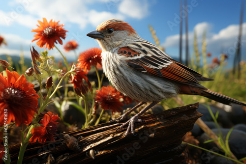 Little sparrow bird on the background of the landscape, nature. Nature beauty concept. Generative Ai.