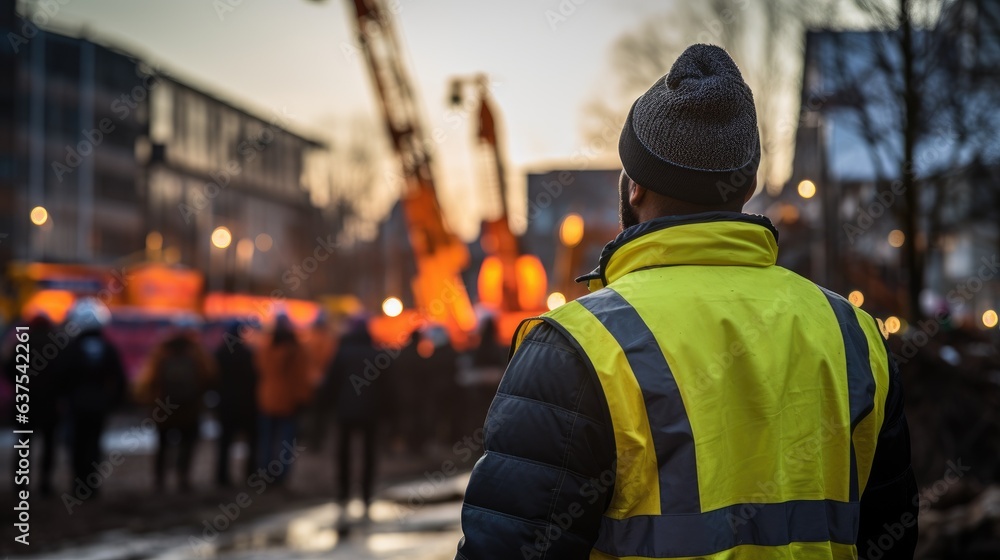 Construction worker wearing helmet and fluorescent waistcoat while looking at construction site. Occupational Safety and Health. Generative AI Construction worker wearing helmet and fluorescent waistcoat while looking at construction site. Occupational Safety and Health. Generative AI
