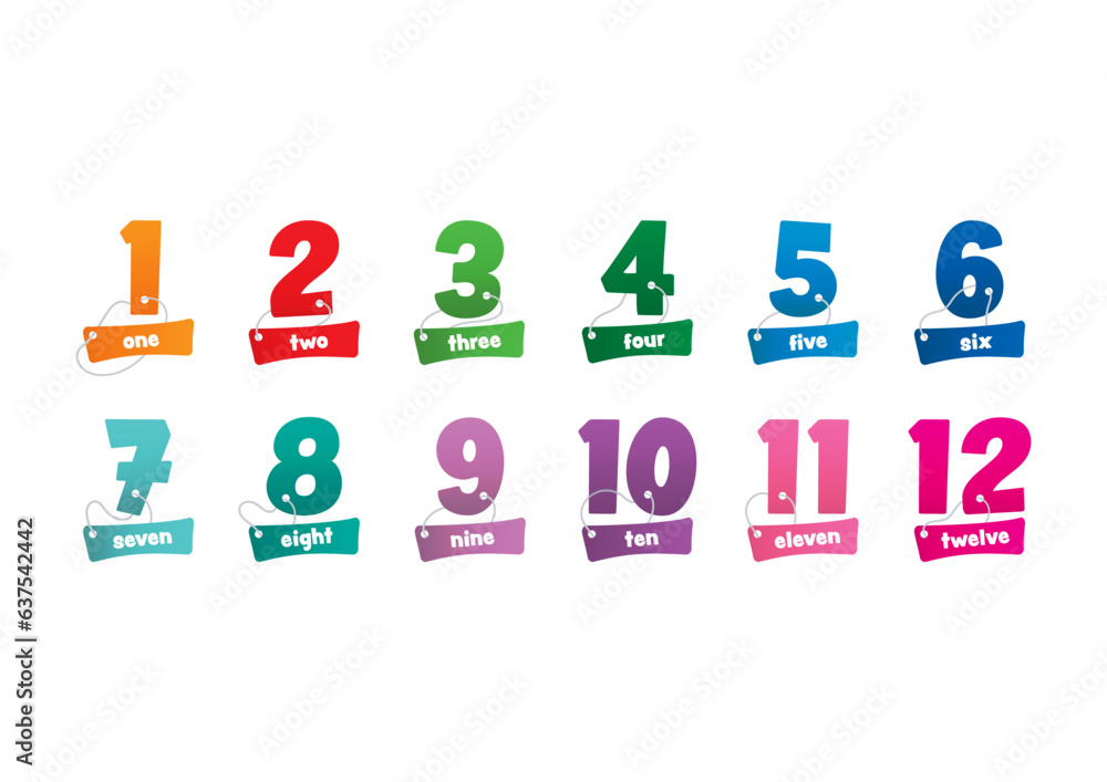 colorful 1-12 numbers and number names. 1-12 numbers tied with rope. 1-12 numbers concept for business, annual report, school, education world
