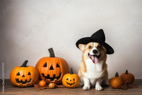 a funny corgi dog puppy in a black Halloween witch hat sitting with a pumpkin