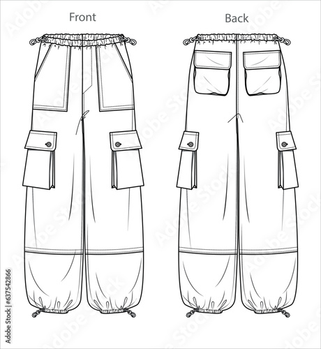Vector woman fleece jogger technical drawing, utility style pants with waistband and side pockets detail fashion CAD, template, sketch, flat. Woman cargo trousers with front, back view, white color