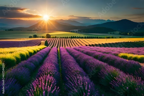 Stunning landscape with lavender field at sunset. Generative AI