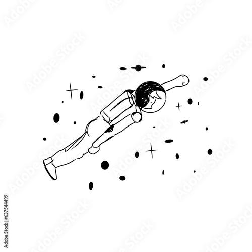 Doodle of astronaut flying in outer space white background