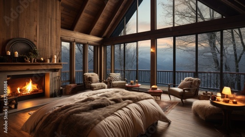 A cozy cabin bedroom with a...