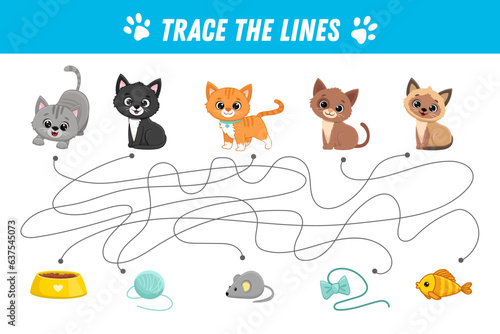 Find the way. Cute cats. Cartoon kitten. Educational game for preschool kids. Activity page. Vector
